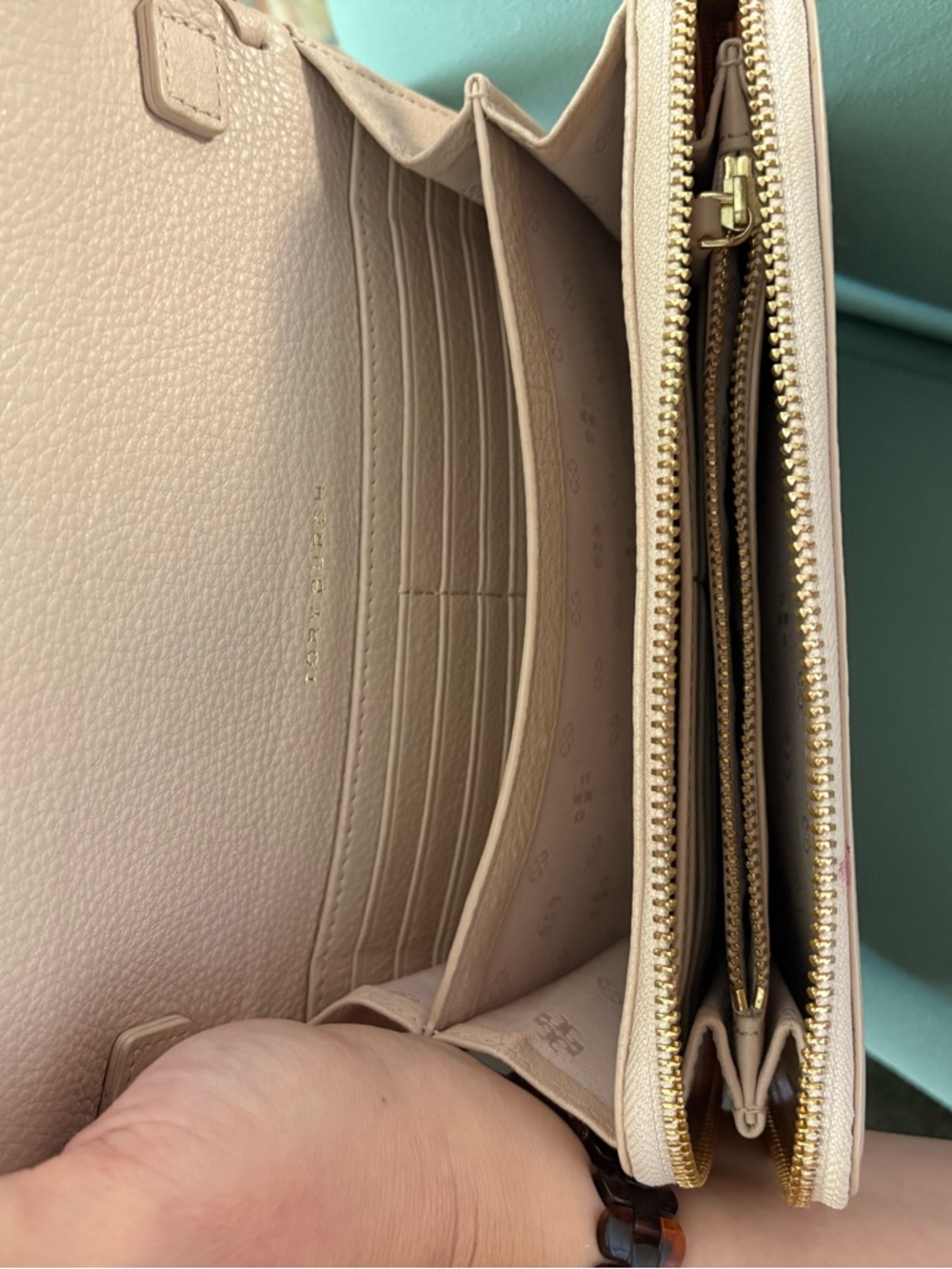 Tory Burch Whipstitch Pebbled Leather Crossbody in Taupe - Picture 3 of 10